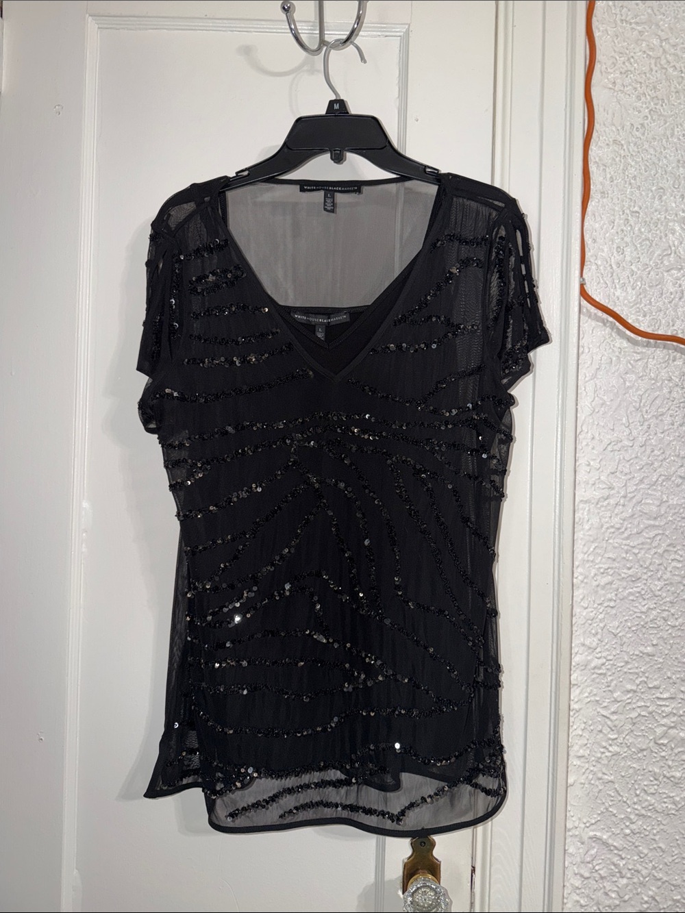 White House Black Market Black Sequin V-Neck Blouse